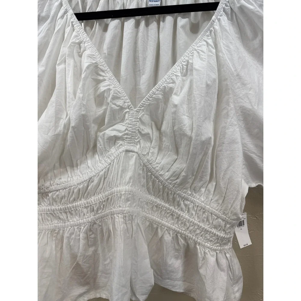 Old Navy Womens White Puff Sleeve Smocked V-Neck Peplum Blouse Top Large